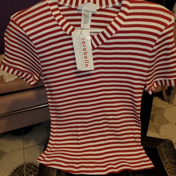 Carabella Red/White Stripe Ribbed V-Neck Tee M NWT - Picture 5 of 6